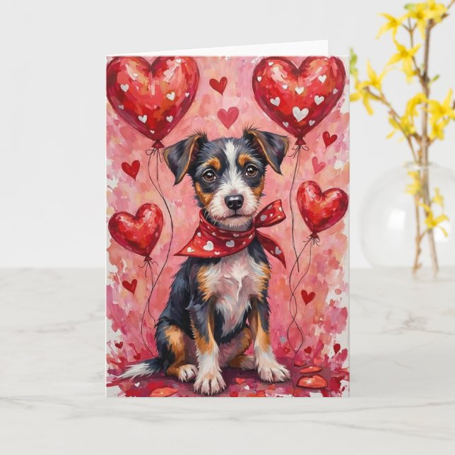 Biewer Terrier Valentine’s Day Dog with Hearts Red Card (Yellow Flower)