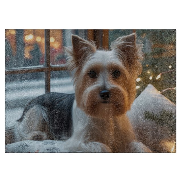 Biewer Terrier With Christmas Lights Holiday Cutting Board (Front)