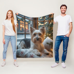 Biewer Terrier With Christmas Lights Holiday Fleece Blanket