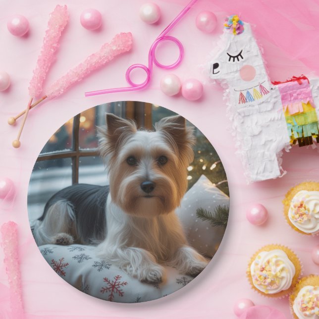 Biewer Terrier With Christmas Lights Holiday Paper Plates (Party)