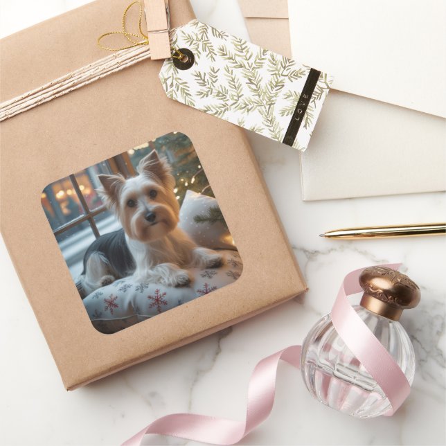 Biewer Terrier With Christmas Lights Holiday Square Sticker (Gifting)
