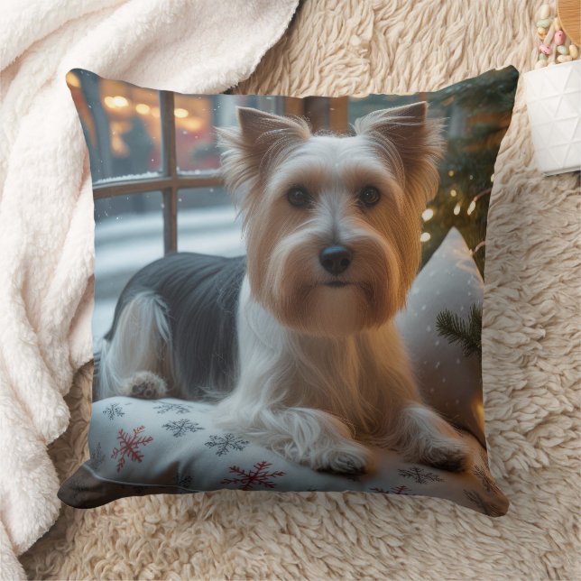 Biewer Terrier With Christmas Lights Holiday Throw Pillow (Blanket)