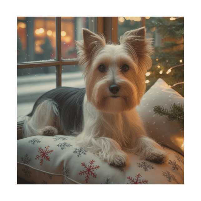 Biewer Terrier With Christmas Lights Holiday Wood Wall Art (Front)