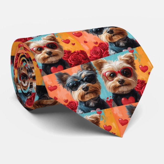 Biewer Terrier With Heart Roses Valentine's Day Neck Tie (Rolled)