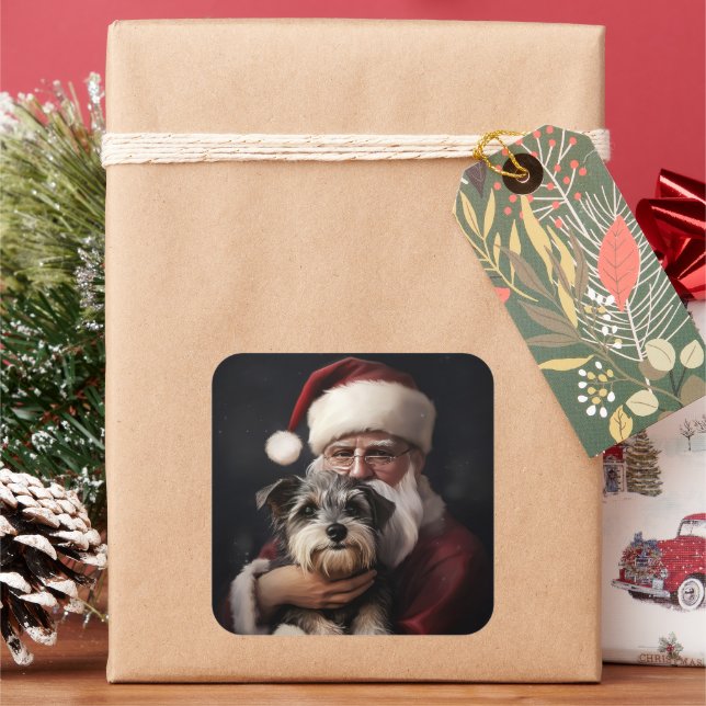 Biewer Terrier With Santa Claus Festive Christmas Square Sticker (Holiday)