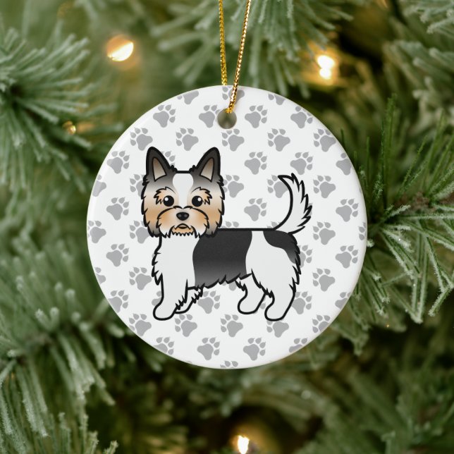 Biewer Terrier Yorkie Cartoon Dog & Paws Ceramic Ornament (Tree)