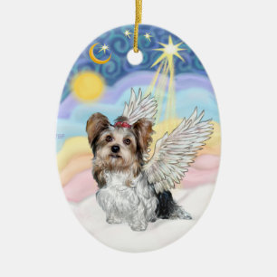 Biewer Yorkie Angel - Clouds #3 Ceramic Ornament