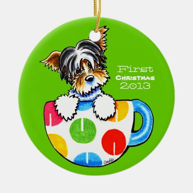Biewer Yorkie First Christmas Custom Ceramic Ornament (Front)