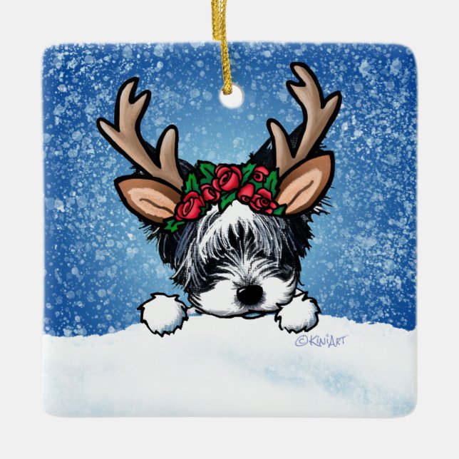 Biewer Yorkie Reindeer Ceramic Ornament (Front)
