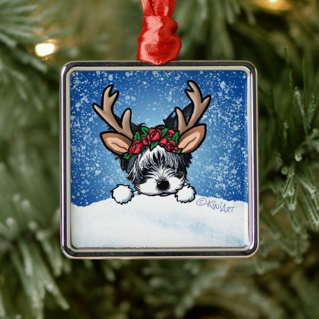 Biewer Yorkie Reindeer Metal Ornament (Tree)