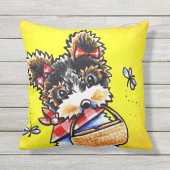 Biewer Yorkie Summer Picnic Yellow Outdoor Pillow by offleashart at Zazzle