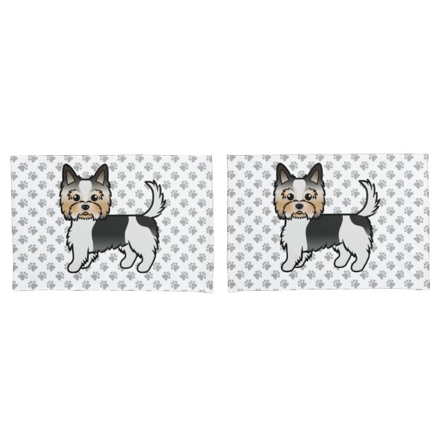 Biewer Yorkshire Terrier Cartoon Dog & Paws Pillow Case (Front-Set)