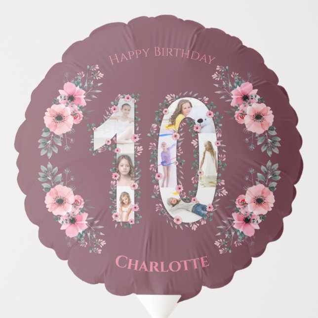 Big 10th Birthday Girl Photo Collage Pink Flower Balloon (Front)