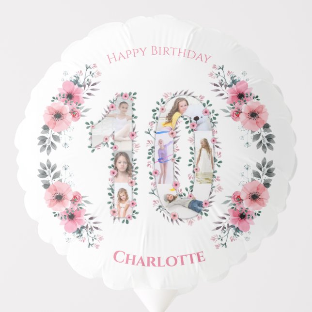Big 10th Birthday Girl Photo Collage Pink Flower Balloon (Front)