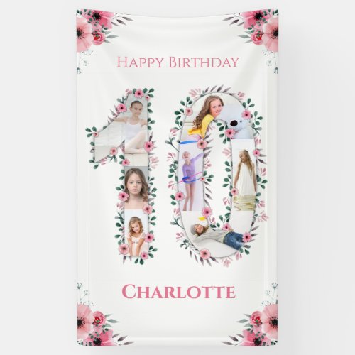 Big 10th Birthday Girl Photo Collage Pink Flower Banner
