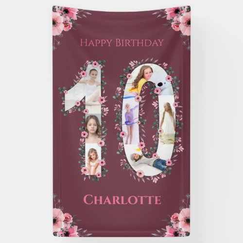 Big 10th Birthday Girl Photo Collage Pink Flower Banner