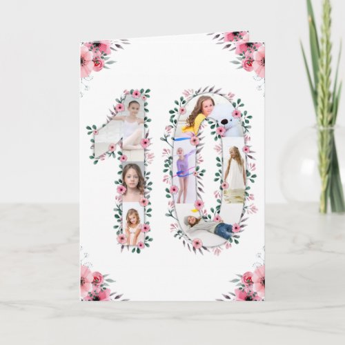 Big 10th Birthday Girl Photo Collage Pink Flower Card