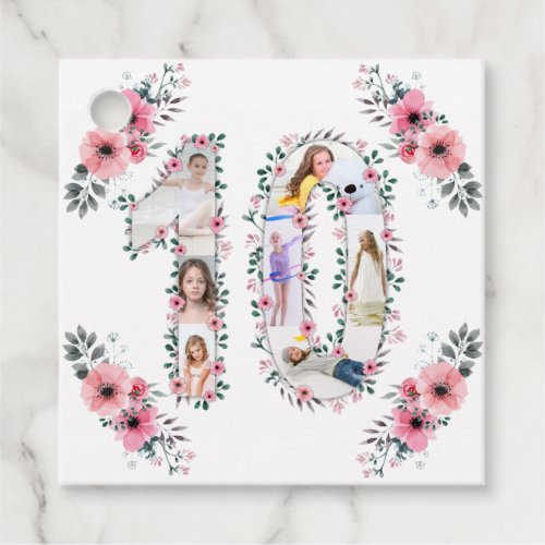 Big 10th Birthday Girl Photo Collage Pink Flower Favor Tags