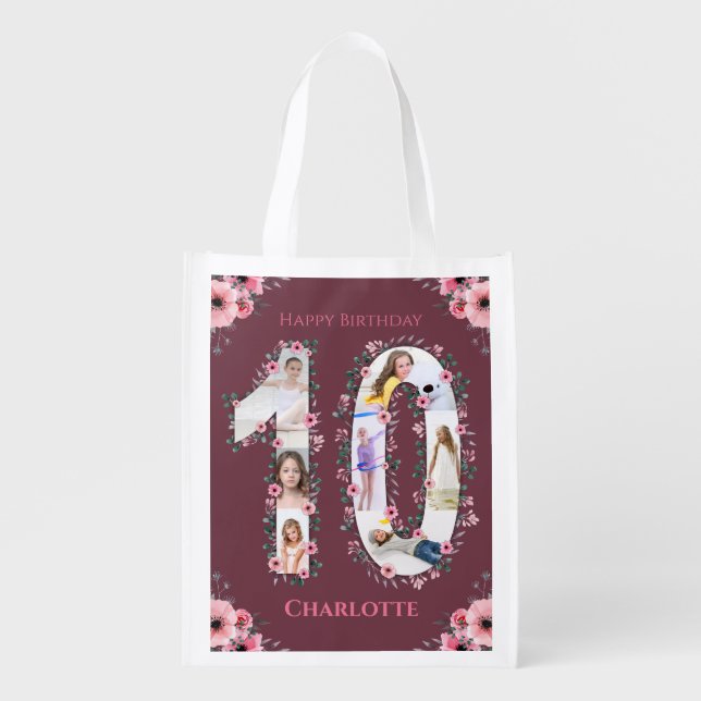 Big 10th Birthday Girl Photo Collage Pink Flower Grocery Bag (Front)