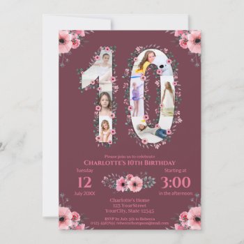 Big 10th Birthday Girl Photo Collage Pink Flower Invitation by SorayaShanCollection at Zazzle