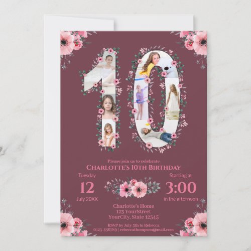 Big 10th Birthday Girl Photo Collage Pink Flower Invitation