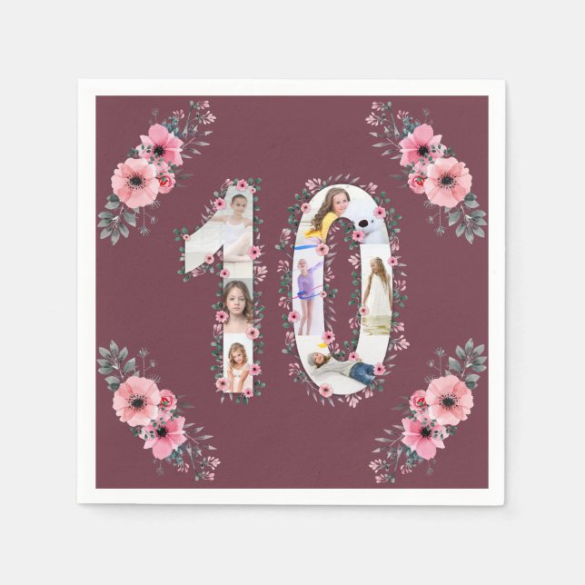 Big 10th Birthday Girl Photo Collage Pink Flower Napkins (Front)