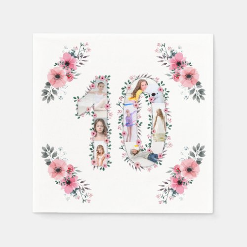 Big 10th Birthday Girl Photo Collage Pink Flower Napkins