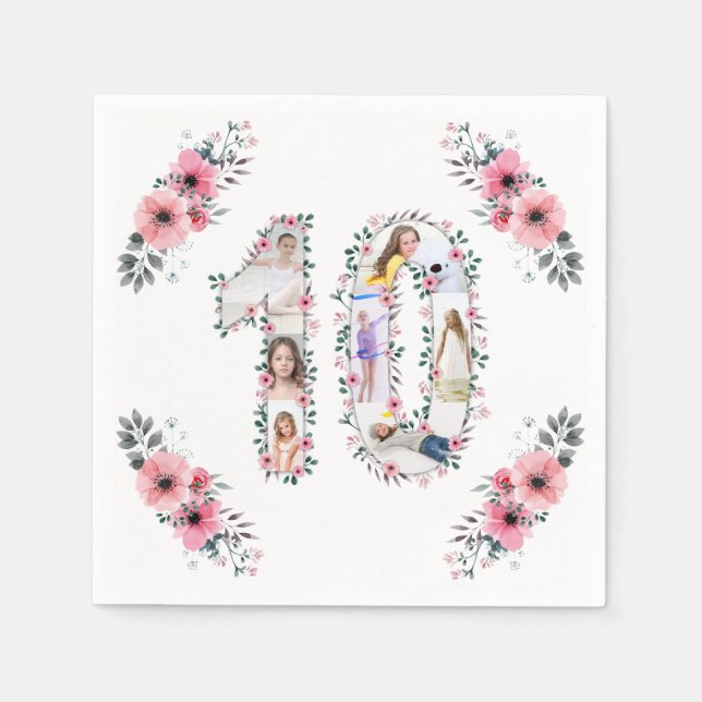 Big 10th Birthday Girl Photo Collage Pink Flower Napkins (Front)
