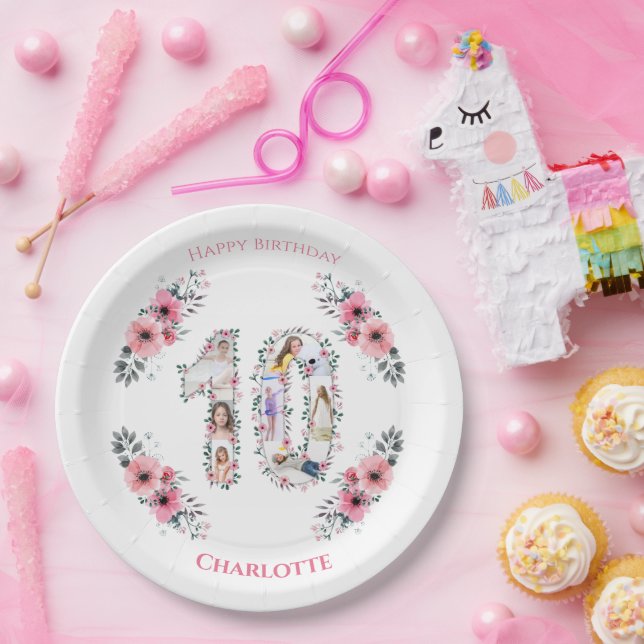 Big 10th Birthday Girl Photo Collage Pink Flower Paper Plates (Party)