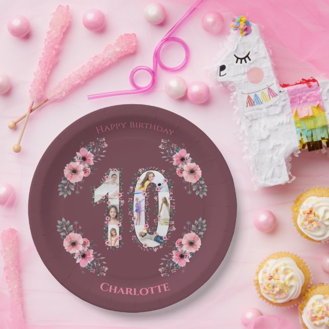 Big 10th Birthday Girl Photo Collage Pink Flower Paper Plates (Party)