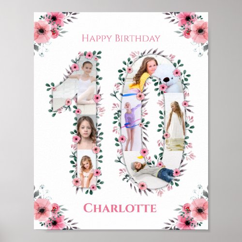 Big 10th Birthday Girl Photo Collage Pink Flower Poster