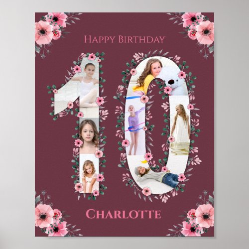 Big 10th Birthday Girl Photo Collage Pink Flower Poster