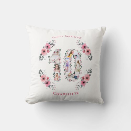 Big 10th Birthday Girl Photo Collage Pink Flower Throw Pillow