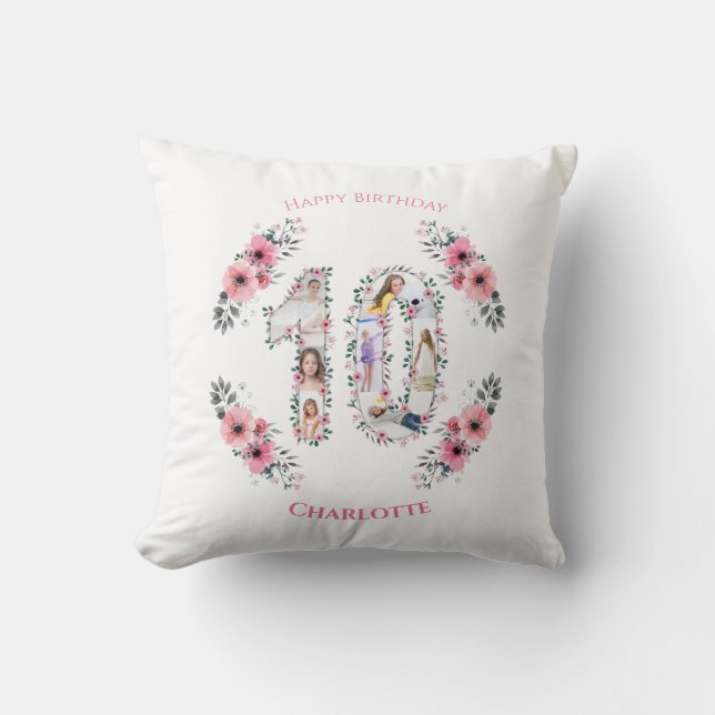Big 10th Birthday Girl Photo Collage Pink Flower Throw Pillow (Front)