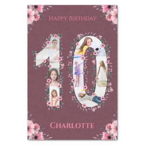 Big 10th Birthday Girl Photo Collage Pink Flower Tissue Paper