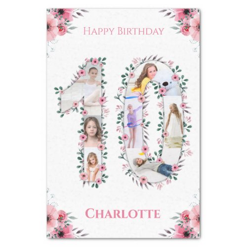 Big 10th Birthday Girl Photo Collage Pink Flower Tissue Paper