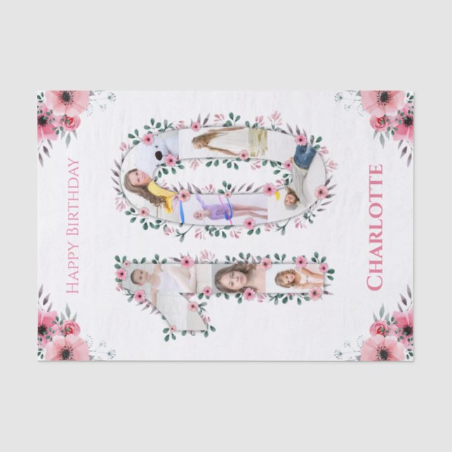 Big 10th Birthday Girl Photo Collage Pink Flower Tissue Paper (Front)