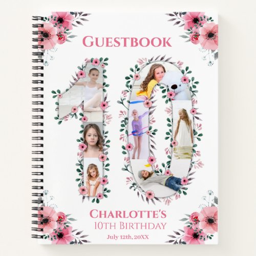 Big 10th Birthday Girl Photo Pink Flower Guestbook Notebook