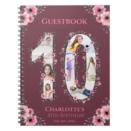 Big 10th Birthday Girl Photo Pink Flower Guestbook Notebook