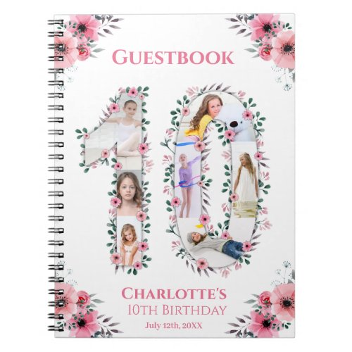 Big 10th Birthday Girl Photo Pink Flower Guestbook Notebook