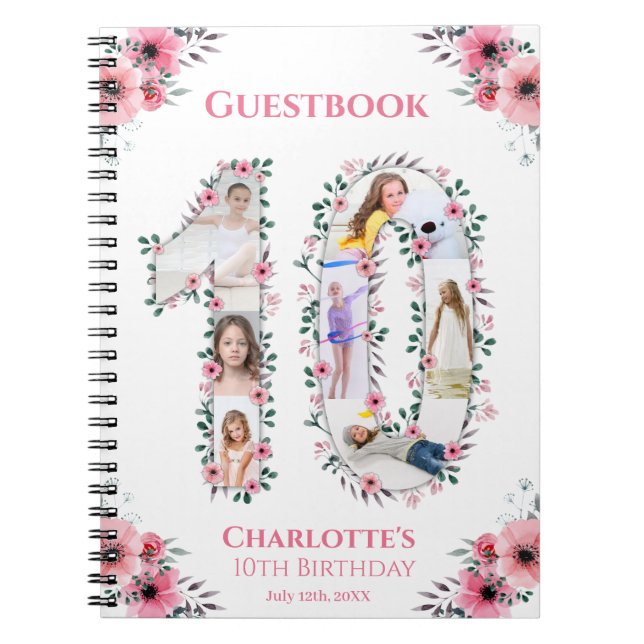 Big 10th Birthday Girl Photo Pink Flower Guestbook Notebook (Front)