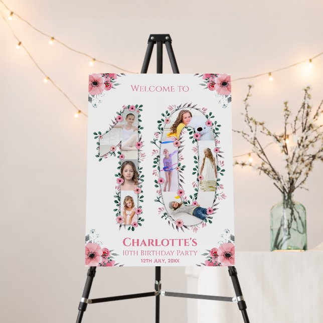 Big 10th Birthday Girl Photo Pink Flower Welcome Foam Board (In Situ (Stand))