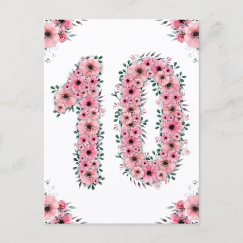 Big 10th Birthday Pink Flowers Girl Green Foliage Postcard
