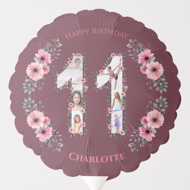 Big 11th Birthday Girl Photo Collage Pink Flower Balloon (Front)