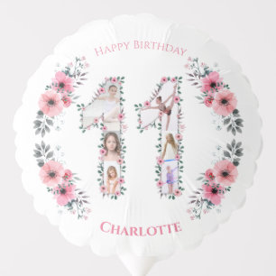 Big 11th Birthday Girl Photo Collage Pink Flower Balloon