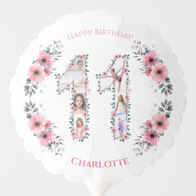 Big 11th Birthday Girl Photo Collage Pink Flower Balloon (Front)