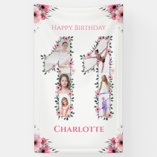 Big 11th Birthday Girl Photo Collage Pink Flower Banner