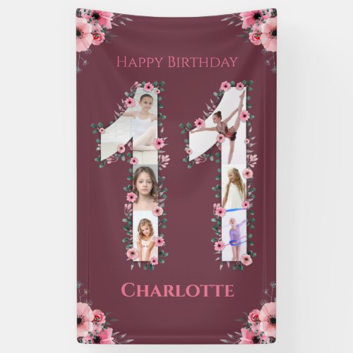 Big 11th Birthday Girl Photo Collage Pink Flower Banner