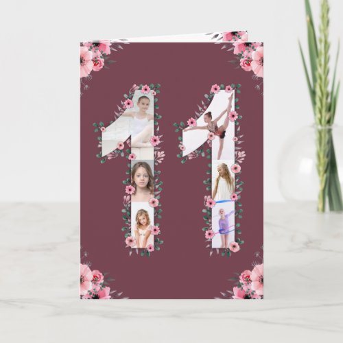Big 11th Birthday Girl Photo Collage Pink Flower Card