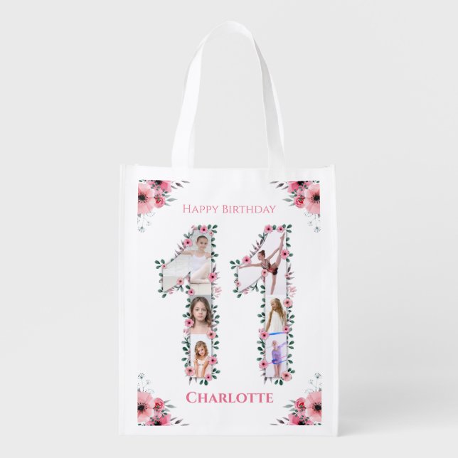 Big 11th Birthday Girl Photo Collage Pink Flower Grocery Bag (Front)